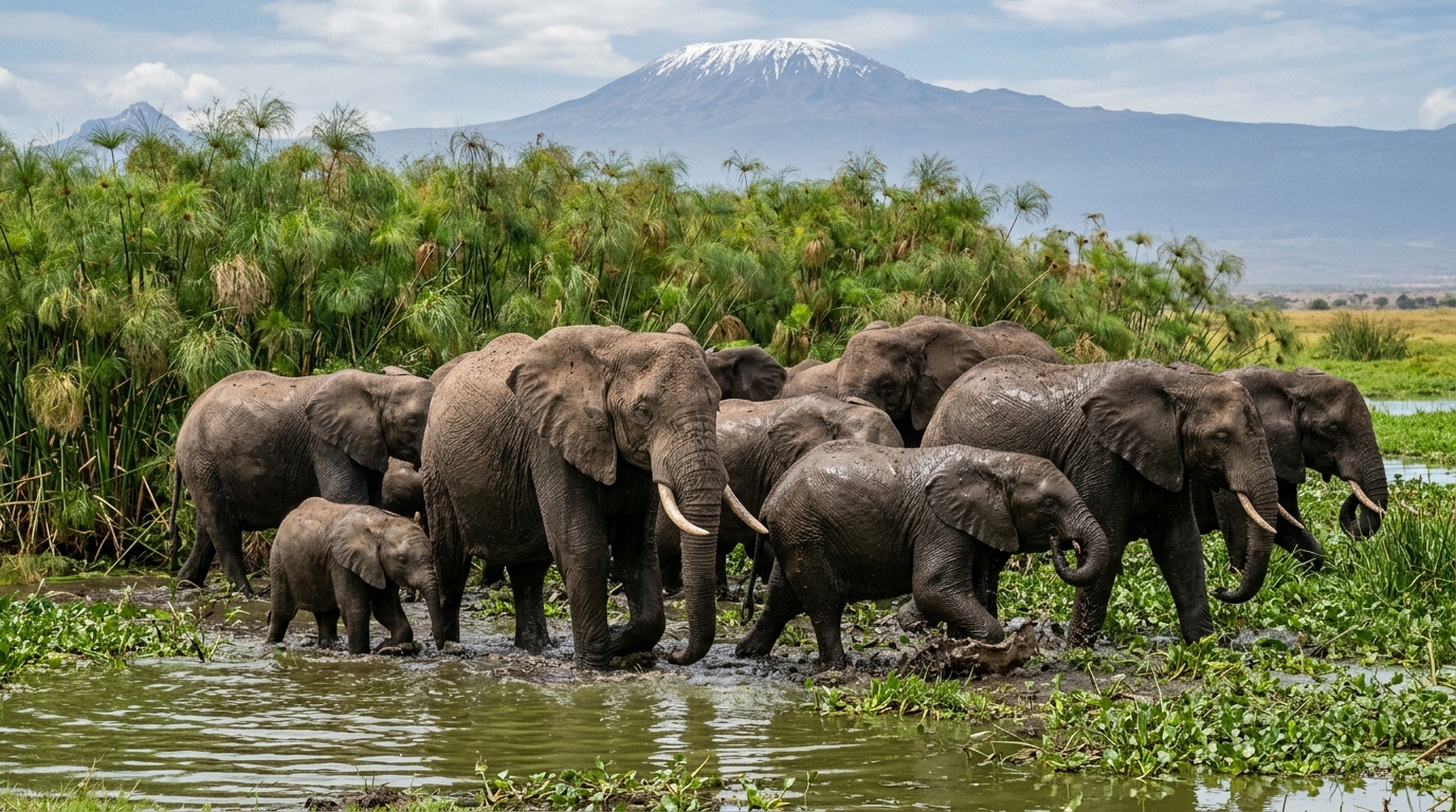 amboseli-elephants-swamp-family-herd-mud-bathing-kenya Elephant family herd mud-bathing in Amboseli National Park swamp — the most studied elephant population on earth