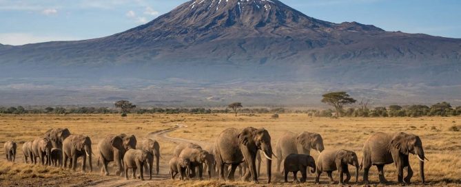 African elephants in Amboseli National Park with Mount Kilimanjaro in the background — Kenya's most iconic wildlife image