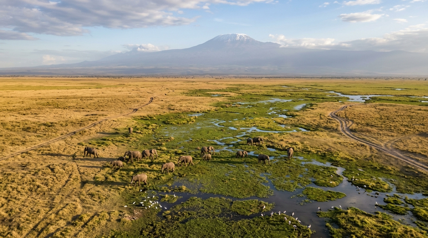 amboseli-observation-hill-kilimanjaro-swamp-panorama-kenya Amboseli National Park panorama from Observation Hill — the swamps in the foreground and Mount Kilimanjaro in the background
