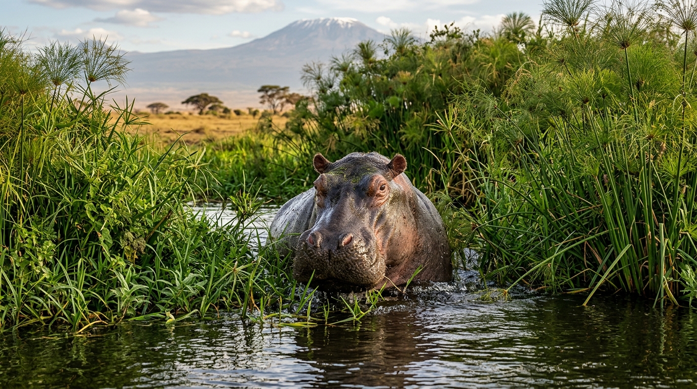 amboseli-swamp-hippopotamus-enkongo-narok-kenya Hippopotamus in the Enkongo Narok swamp, Amboseli National Park Kenya — underground water from Kilimanjaro feeds these green swamps year-round