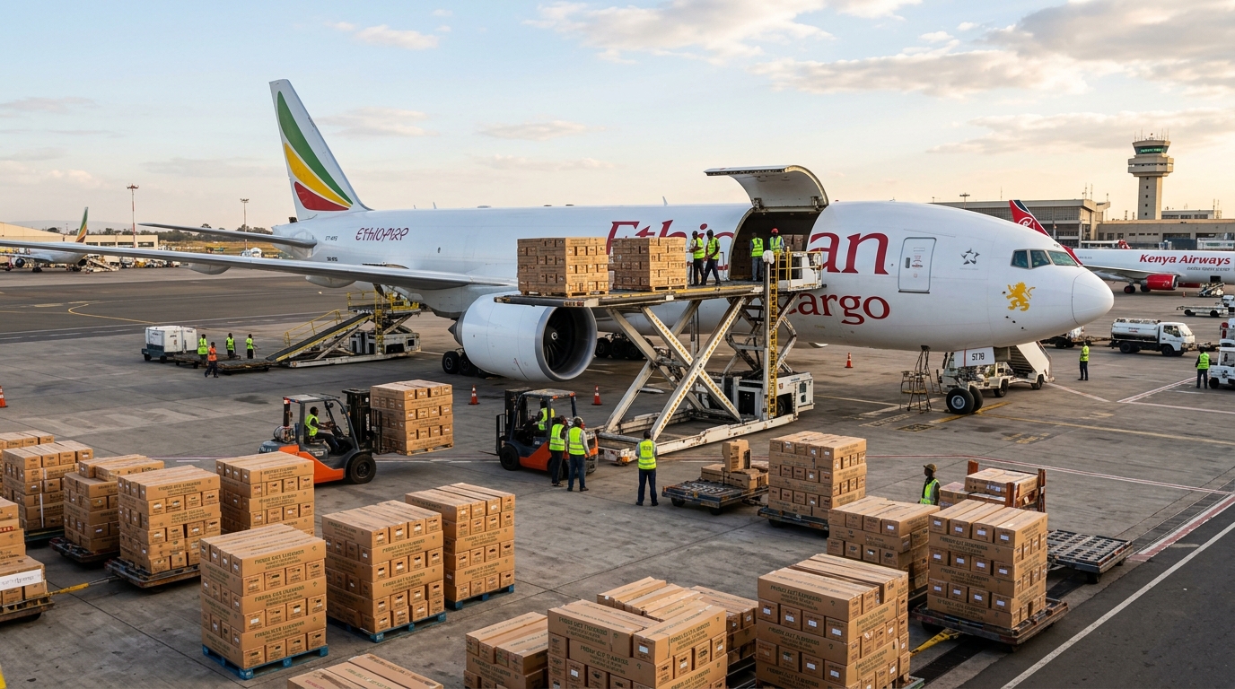 Kenya flower export air freight — Naivasha roses loaded as cargo at Nairobi JKIA for overnight flight to European markets