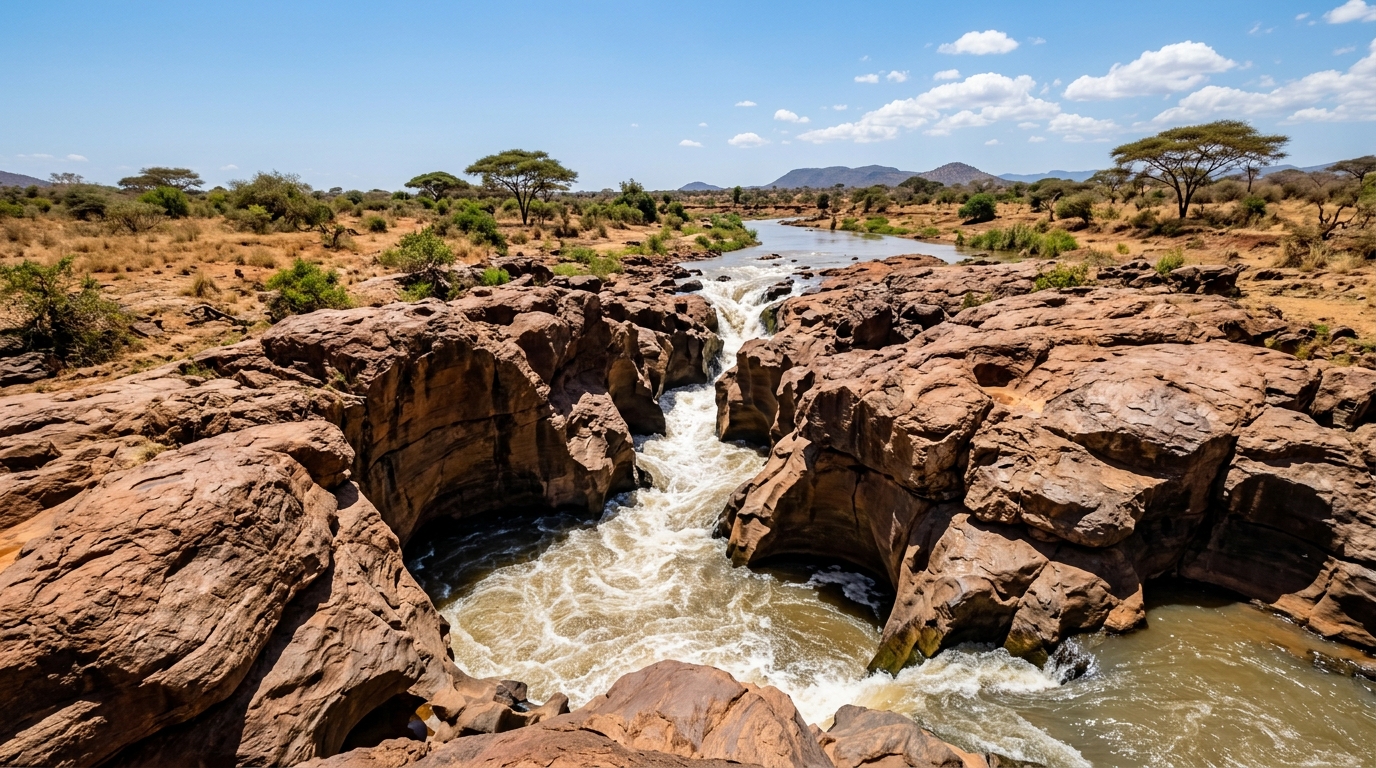 Lugard Falls on the Galana River in Tsavo East Kenya — the river forces through a narrow rock gorge in one of Tsavo's most dramatic landscapes
