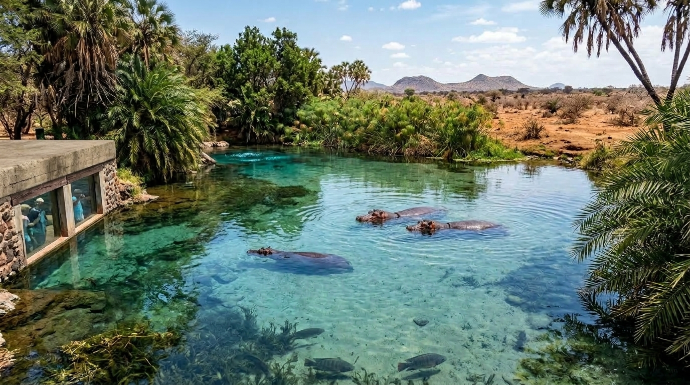 Mzima Springs Tsavo West Kenya — crystal-clear volcanic springs with hippos, producing 250 million litres of water per day in an otherwise arid landscape
