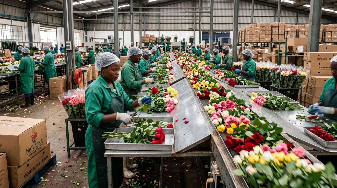 Workers grading and packing roses at a Naivasha flower farm — each stem is graded to Dutch auction standards before air freight to Europe