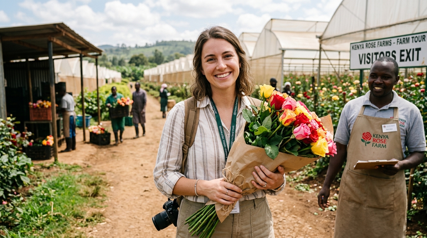 Visitor holding fresh Kenyan roses at the end of a Naivasha flower farm tour — a bunch of freshly cut stems to take home