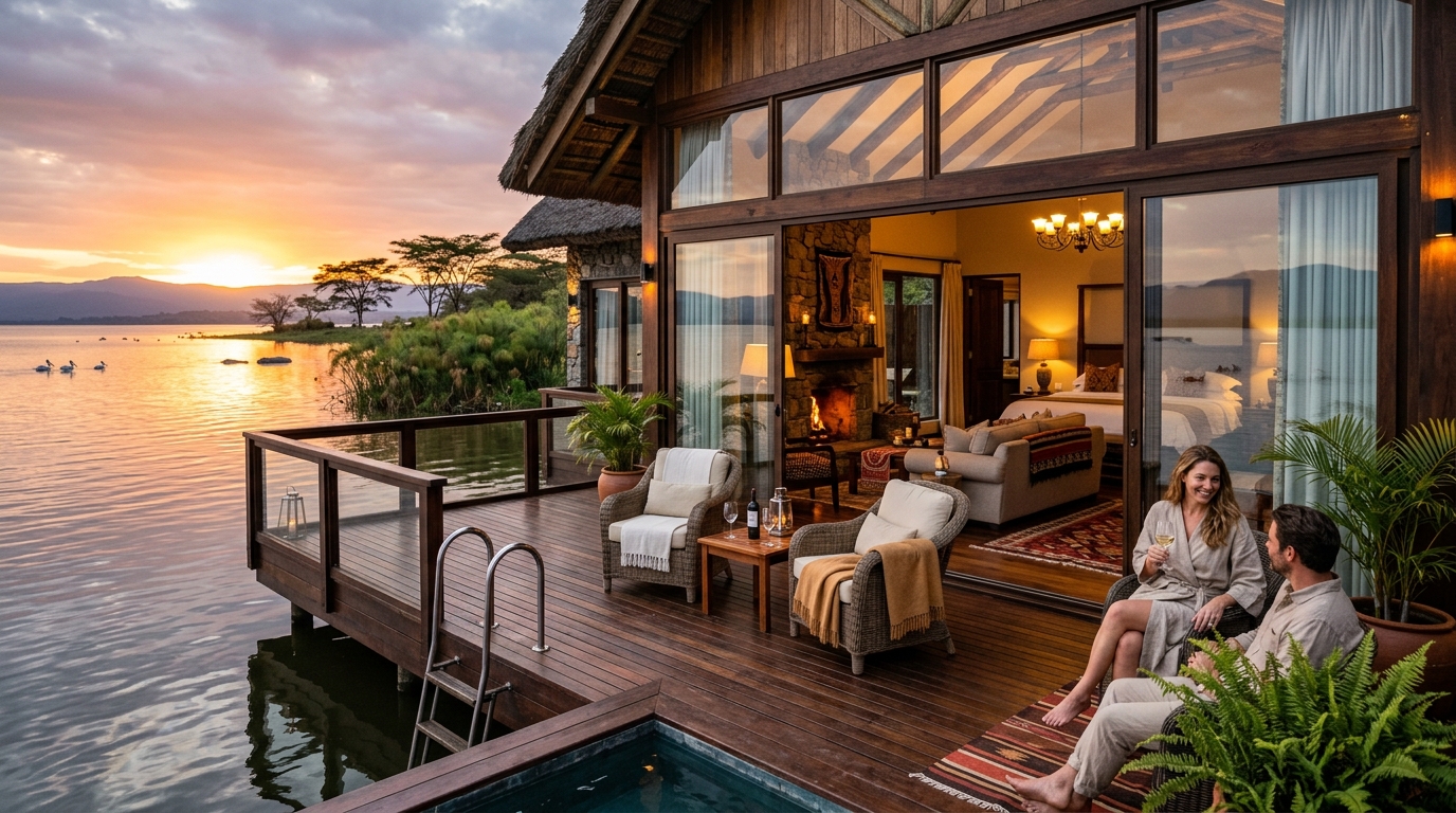 Luxury lakefront accommodation in Naivasha Kenya — private deck overlooking the lake with premium furnishings and views