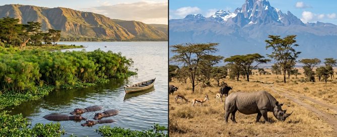 Naivasha vs Nanyuki weekend trip from Nairobi — Lake Naivasha lake landscape (left) contrasted with Nanyuki/Ol Pejeta open savanna (right)