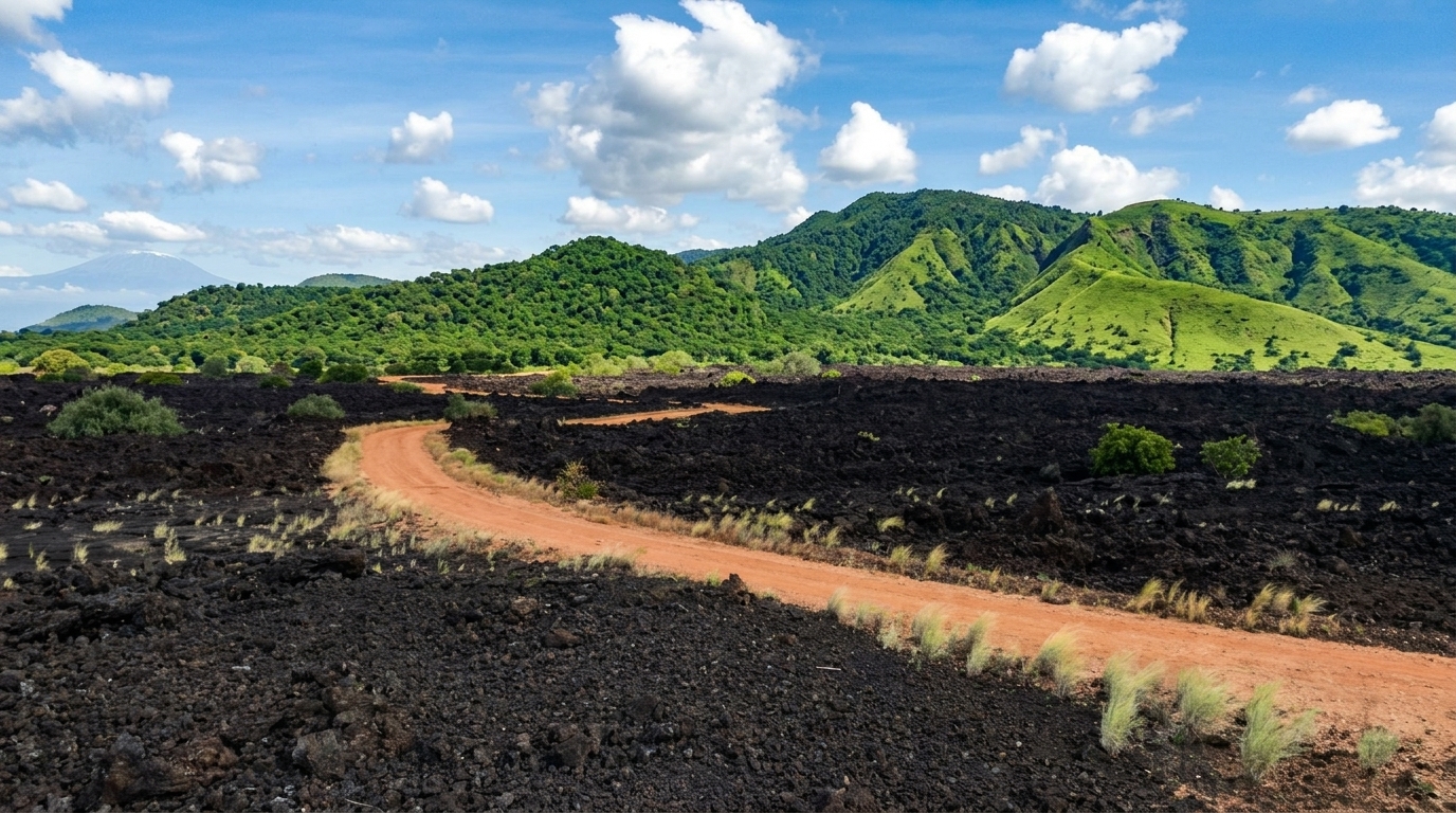 Shetani Lava Flow in Tsavo West Kenya — hardened black lava with the Chyulu Hills behind, a geological feature unique to this region
