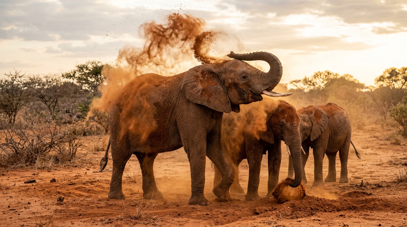 Elephants dust-bathing in Tsavo National Park — the red volcanic soil coats their skin to create the distinctive orange-red colouration