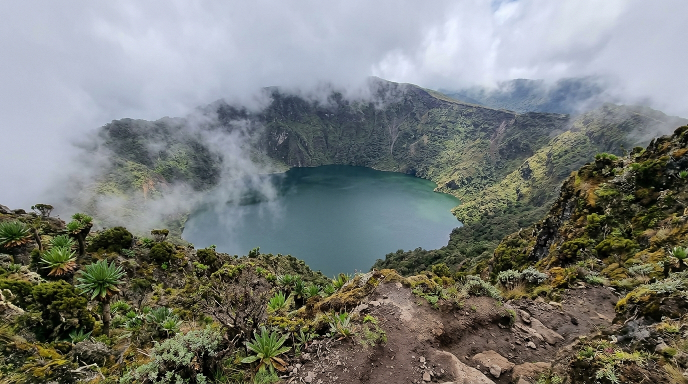Bisoke volcano crater lake at 3,711m in Volcanoes National Park Rwanda — the reward at the end of a 5-6 hour day hike