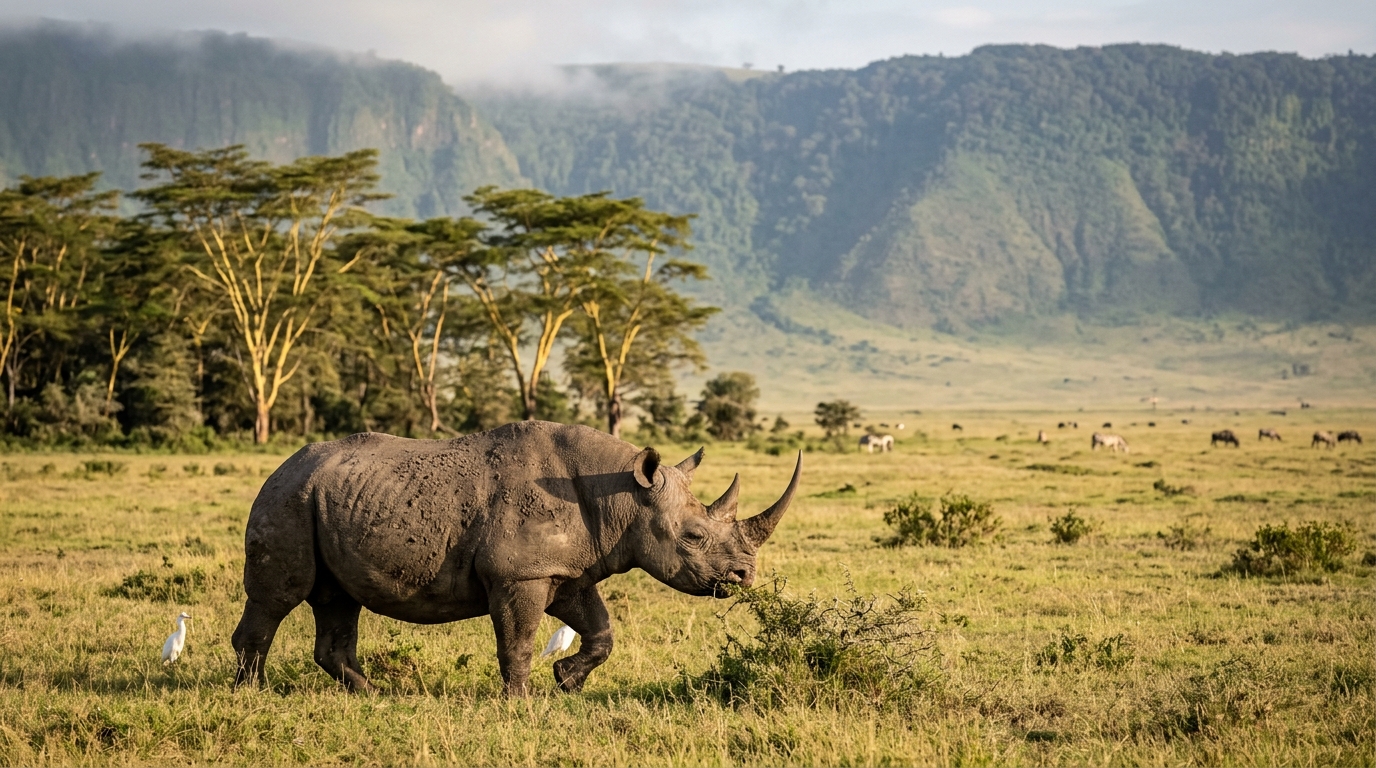 Black rhino in the Ngorongoro Crater Tanzania — the crater holds approximately 23-28 black rhinos and is the most reliable location in Africa for close black rhino sightings