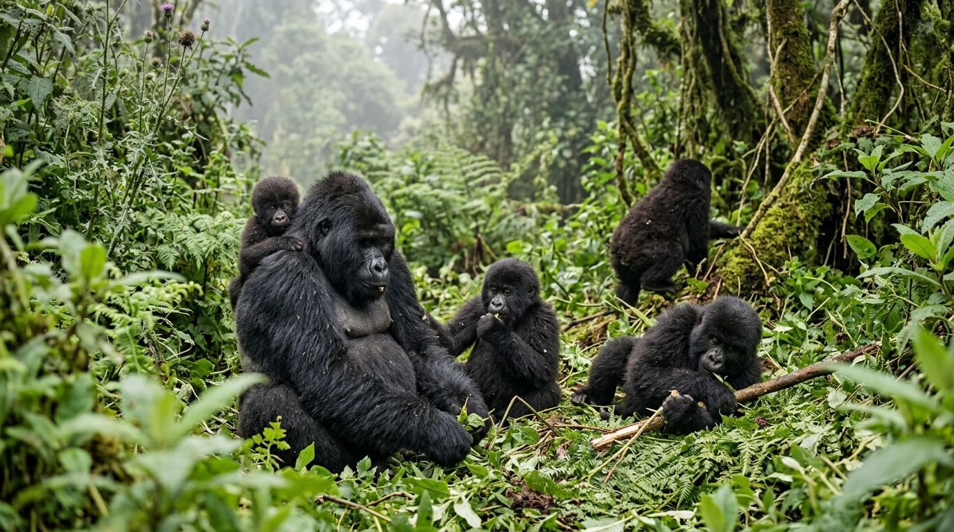 Mountain gorilla family in Bwindi Uganda — female with infant during a gorilla trekking encounter, showing the intimate family social structure