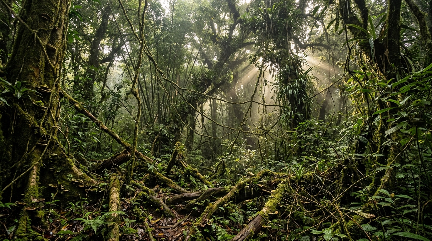 Bwindi Impenetrable Forest interior — the dense undergrowth and layered canopy of one of Africa's oldest rainforests, 25,000 years old