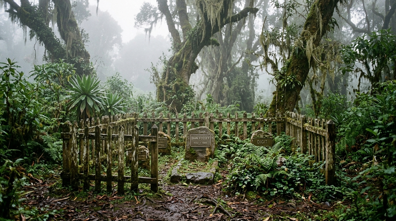 Karisoke Research Center site in Volcanoes National Park Rwanda — the grave of Dian Fossey and Digit, the gorilla whose killing galvanised the conservation movement