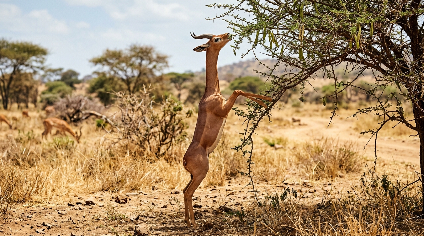 Gerenuk standing on hind legs to browse in Samburu National Reserve Kenya — this bipedal feeding posture is unique among antelopes