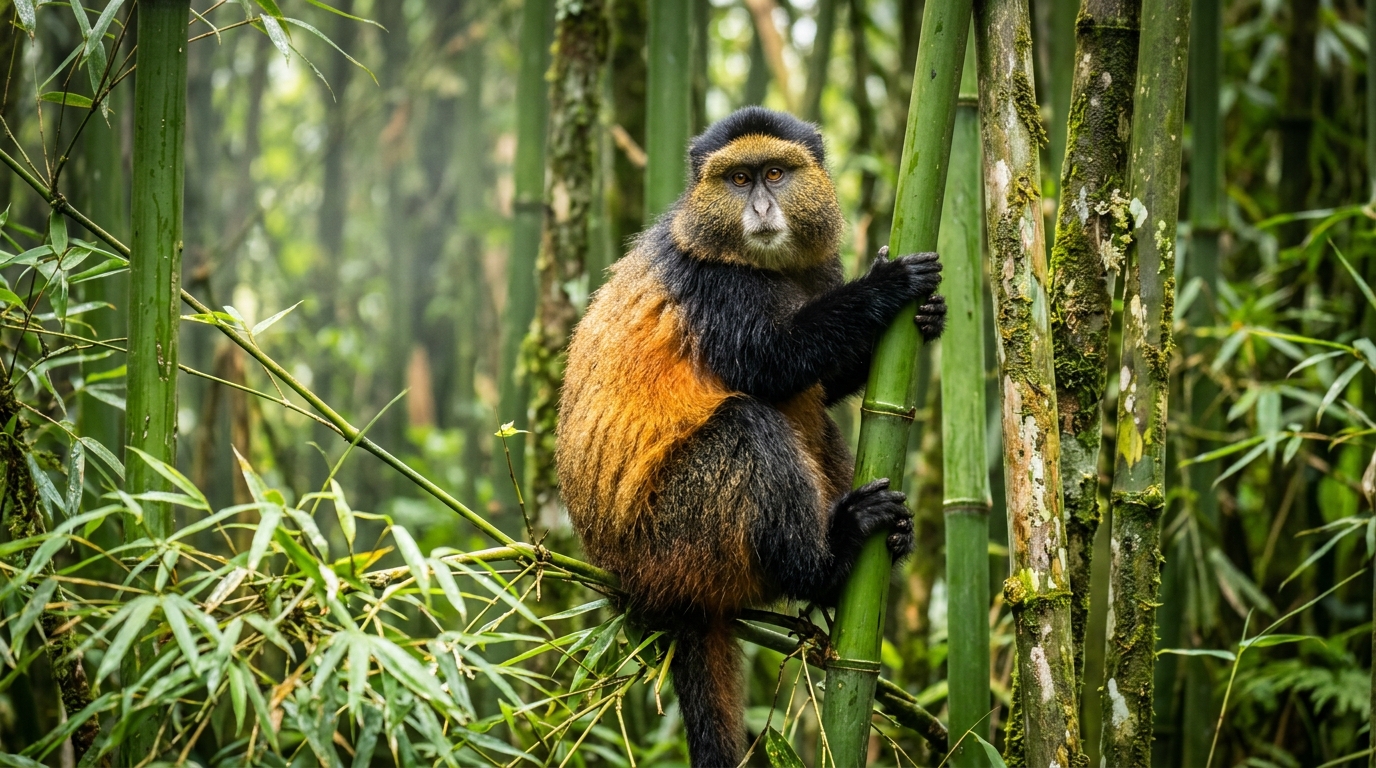Golden monkey in bamboo forest in Volcanoes National Park Rwanda — Cercopithecus kandti, found only in the Virunga volcanoes