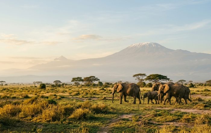 African elephants walking across the Amboseli savannah with Mount Kilimanjaro in the background, Kenya.
