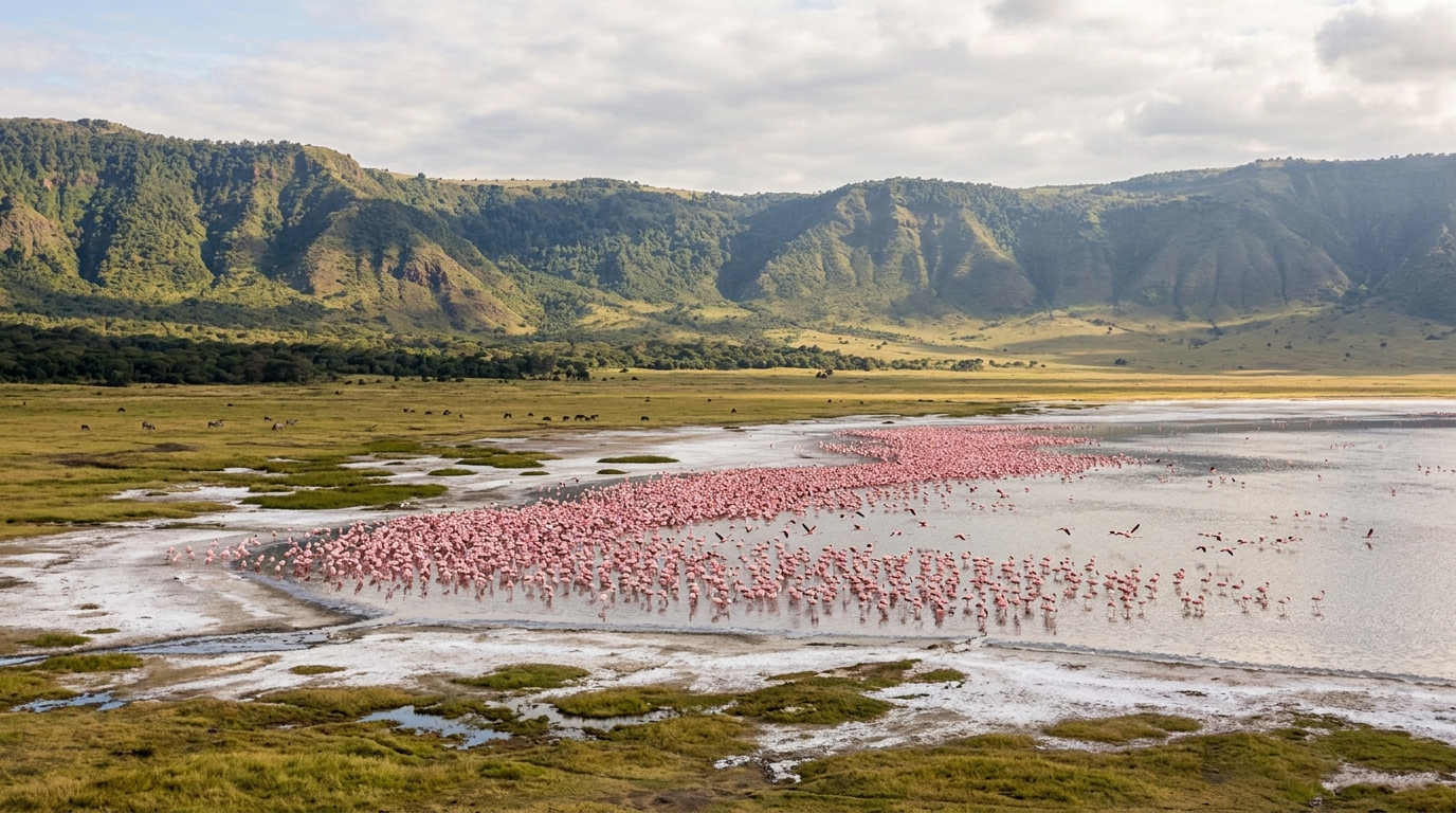 Flamingos on Lake Magadi in the Ngorongoro Crater, Tanzania — the alkaline lake turns pink with flamingo flocks, surrounded by the caldera walls