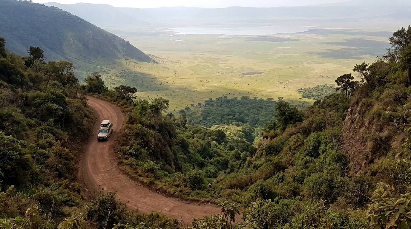 The descent road into the Ngorongoro Crater Tanzania — safari vehicles navigate the steep hairpin road from the 2,300m rim to the 1,700m crater floo