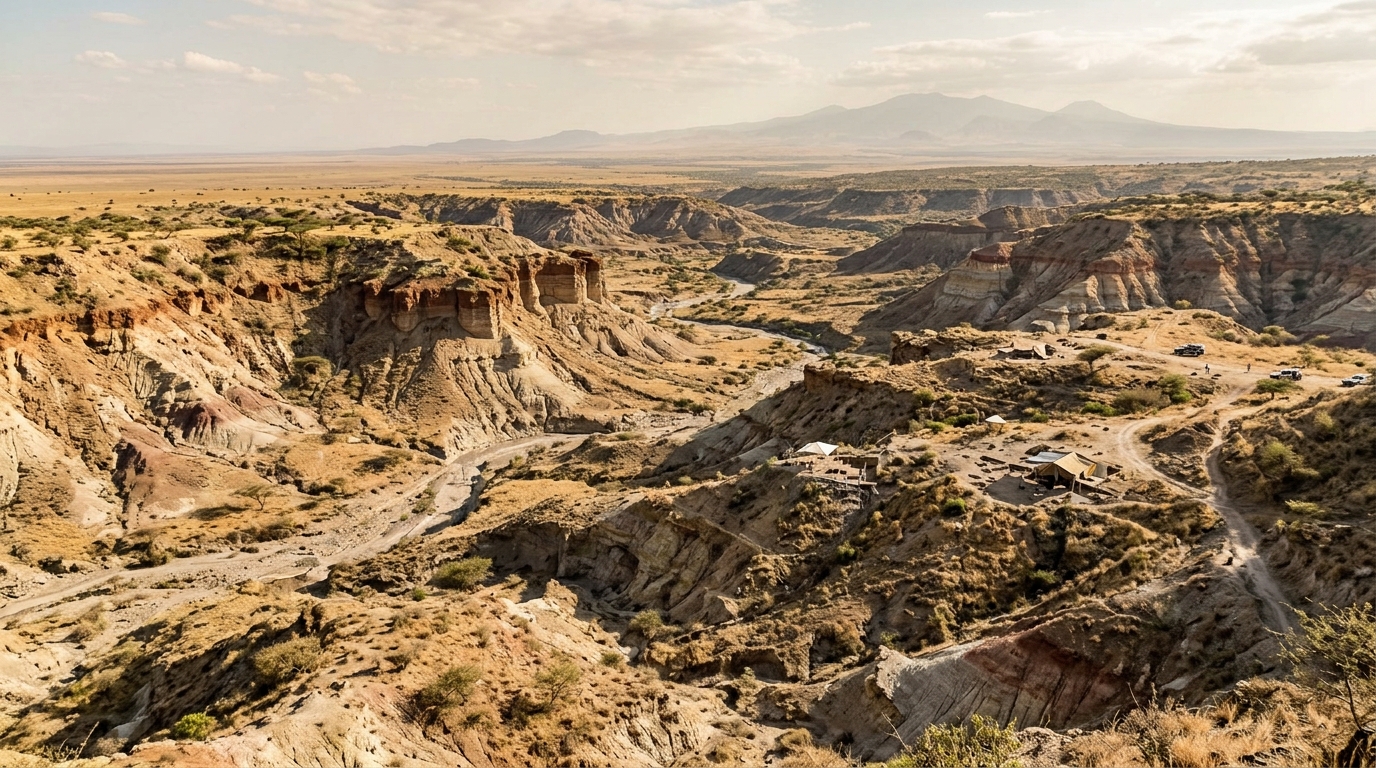 Olduvai Gorge Tanzania — the archaeological site 45 km from Ngorongoro where Homo habilis fossils were found, one of the most important human origins sites on earth
