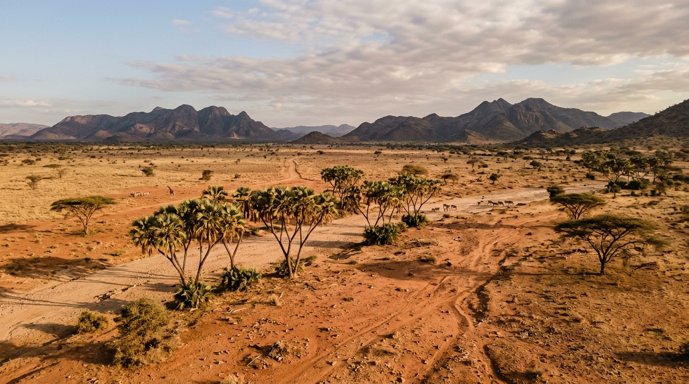 Samburu National Reserve landscape — arid northern Kenya with doum palms, sparse acacia and ochre red soil, completely unlike the southern safari parks