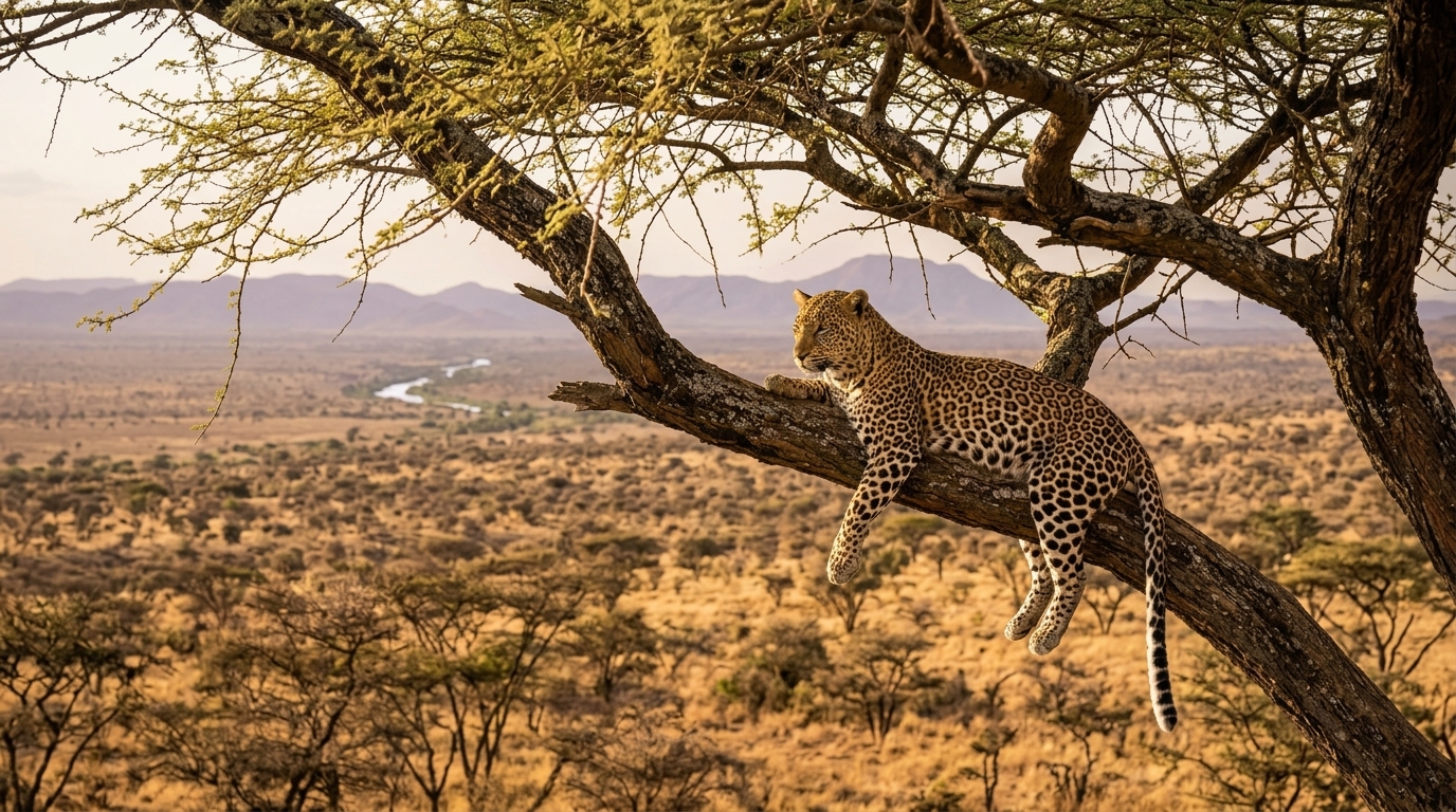 Leopard in an acacia tree overlooking the Ewaso Ng'iro River in Samburu National Reserve — one of Kenya's most reliable leopard sighting locations