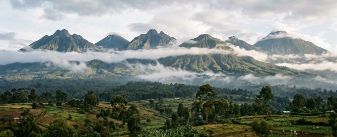 Volcanoes National Park Rwanda — the Virunga volcanic chain rising above the forest, six peaks including Karisimbi at 4,507 metres